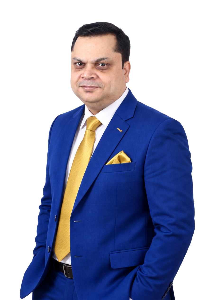 Vikash Manoranjan, leadership coach, in a blue suit